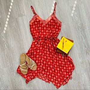 Red Handkerchief Hemmed Midi Dress
